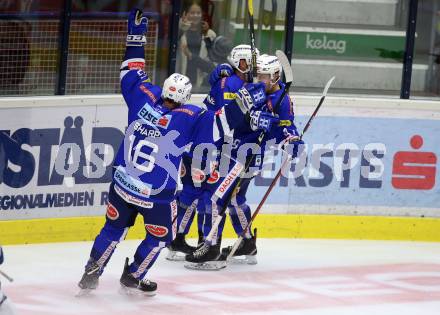 EBEL. Eishockey Bundesliga. EC VSV gegen Fehervar AV 19. Torjubel Jerry Pollastrone, Alexander Lahoda, MacGregor Sharp (VSV). Villach, am 12.10.2018.
Foto: Kuess 


---
pressefotos, pressefotografie, kuess, qs, qspictures, sport, bild, bilder, bilddatenbank