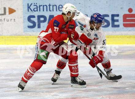 EBEL. Eishockey Bundesliga. KAC gegen HC TWK Innsbruck. Thomas HUndertpfund,  (KAC), Andrew Clark (Innsbruck). Klagenfurt, am 14.10.2018.
Foto: Kuess

---
pressefotos, pressefotografie, kuess, qs, qspictures, sport, bild, bilder, bilddatenbank