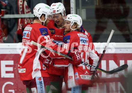 EBEL. Eishockey Bundesliga. KAC gegen HC TWK Innsbruck. Torjubel Johannes Bischofberger, Nicholas Eric Petersen, Thomas Hundertpfund (KAC). Klagenfurt, am 14.10.2018.
Foto: Kuess

---
pressefotos, pressefotografie, kuess, qs, qspictures, sport, bild, bilder, bilddatenbank