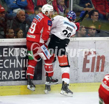 EBEL. Eishockey Bundesliga. KAC gegen HC TWK Innsbruck. Stefan Geier, (KAC), Michael Boivin  (Innsbruck). Klagenfurt, am 14.10.2018.
Foto: Kuess

---
pressefotos, pressefotografie, kuess, qs, qspictures, sport, bild, bilder, bilddatenbank