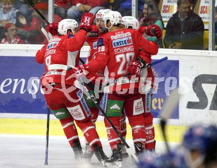 EBEL. Eishockey Bundesliga. KAC gegen HC TWK Innsbruck. Torjubel Thomas Koch, Martin Schumnig, Mitch Wahl, Nicholas Eric Petersen (KAC). Klagenfurt, am 14.10.2018.
Foto: Kuess

---
pressefotos, pressefotografie, kuess, qs, qspictures, sport, bild, bilder, bilddatenbank