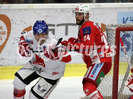EBEL. Eishockey Bundesliga. KAC gegen HC TWK Innsbruck. Steven Strong,  (KAC), Mario Lamoureux (Innsbruck). Klagenfurt, am 14.10.2018.
Foto: Kuess

---
pressefotos, pressefotografie, kuess, qs, qspictures, sport, bild, bilder, bilddatenbank