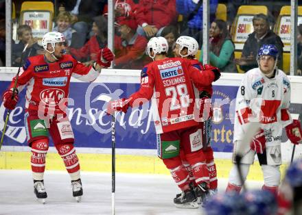 EBEL. Eishockey Bundesliga. KAC gegen HC TWK Innsbruck. Torjubel Thomas Koch, Martin Schumnig, Mitch Wahl (KAC). Klagenfurt, am 14.10.2018.
Foto: Kuess

---
pressefotos, pressefotografie, kuess, qs, qspictures, sport, bild, bilder, bilddatenbank