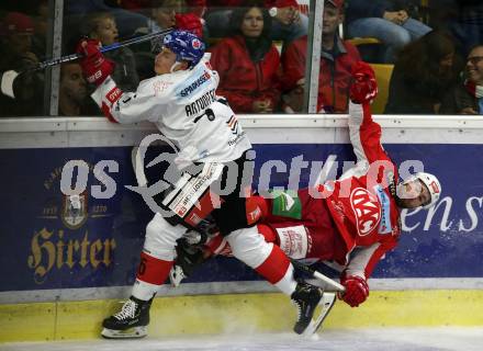 EBEL. Eishockey Bundesliga. KAC gegen HC TWK Innsbruck. Martin Schumnig, (KAC),  Sam Antonitsch (Innsbruck). Klagenfurt, am 14.10.2018.
Foto: Kuess

---
pressefotos, pressefotografie, kuess, qs, qspictures, sport, bild, bilder, bilddatenbank