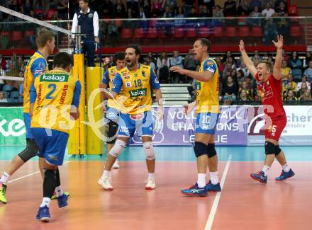 Volleyball Champions League. SK Posojilnica Aich/Dob gegen Lycurgus Groningen (NED). Jubel (Aich/Dob). Klagenfurt, am 17.10.2018.
Foto: Kuess
---
pressefotos, pressefotografie, kuess, qs, qspictures, sport, bild, bilder, bilddatenbank