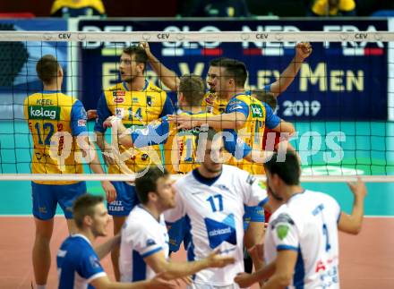 Volleyball Champions League. SK Posojilnica Aich/Dob gegen Lycurgus Groningen (NED). Jubel (Aich/Dob). Klagenfurt, am 17.10.2018.
Foto: Kuess
---
pressefotos, pressefotografie, kuess, qs, qspictures, sport, bild, bilder, bilddatenbank