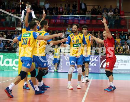 Volleyball Champions League. SK Posojilnica Aich/Dob gegen Lycurgus Groningen (NED). Jubel (Aich/Dob). Klagenfurt, am 17.10.2018.
Foto: Kuess
---
pressefotos, pressefotografie, kuess, qs, qspictures, sport, bild, bilder, bilddatenbank