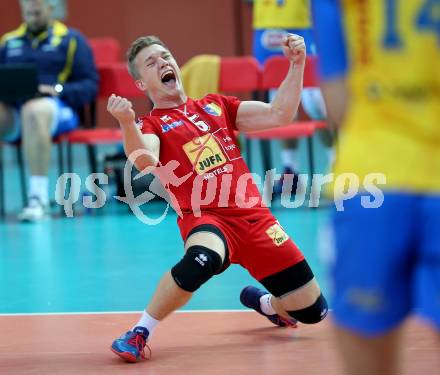 Volleyball Champions League. SK Posojilnica Aich/Dob gegen Lycurgus Groningen (NED). Jubel Manuel Steiner (Aich/Dob). Klagenfurt, am 17.10.2018.
Foto: Kuess
---
pressefotos, pressefotografie, kuess, qs, qspictures, sport, bild, bilder, bilddatenbank