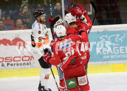 EBEL. Eishockey Bundesliga. KAC gegen Moser Medical Graz99ers. Geier Stefan, Fischer David Joseph, Geier Manuel, Comrie Adam (KAC). Klagenfurt, am 19.10.2018.
Foto: Kuess

---
pressefotos, pressefotografie, kuess, qs, qspictures, sport, bild, bilder, bilddatenbank