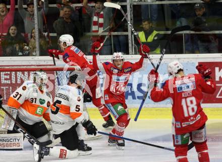 EBEL. Eishockey Bundesliga. KAC gegen Moser Medical Graz99ers. Bischofberger Johannes, Koch Thomas,  (KAC). Klagenfurt, am 19.10.2018.
Foto: Kuess

---
pressefotos, pressefotografie, kuess, qs, qspictures, sport, bild, bilder, bilddatenbank