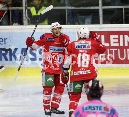 EBEL. Eishockey Bundesliga. KAC gegen Moser Medical Graz99ers. Bischofberger Johannes, Koch Thomas,  (KAC). Klagenfurt, am 19.10.2018.
Foto: Kuess

---
pressefotos, pressefotografie, kuess, qs, qspictures, sport, bild, bilder, bilddatenbank