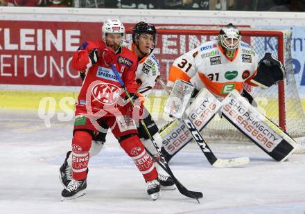 EBEL. Eishockey Bundesliga. KAC gegen Moser Medical Graz99ers. Ograjensek Ken (KAC), Kirchschlaeger Erik, Linus Lundin (Graz). Klagenfurt, am 19.10.2018.
Foto: Kuess

---
pressefotos, pressefotografie, kuess, qs, qspictures, sport, bild, bilder, bilddatenbank