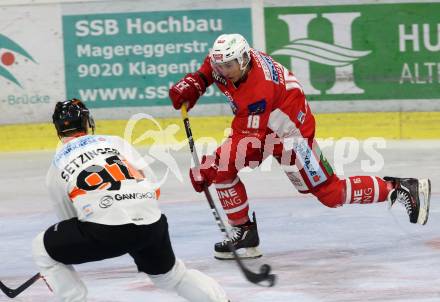 EBEL. Eishockey Bundesliga. KAC gegen Moser Medical Graz99ers. Harand Patrick (KAC), Oliver Setzinger (Graz). Klagenfurt, am 19.10.2018.
Foto: Kuess

---
pressefotos, pressefotografie, kuess, qs, qspictures, sport, bild, bilder, bilddatenbank