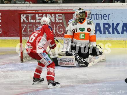 EBEL. Eishockey Bundesliga. KAC gegen Moser Medical Graz99ers. 	Bischofberger Johannes (KAC), Linus Lundin (Graz). Klagenfurt, am 19.10.2018.
Foto: Kuess

---
pressefotos, pressefotografie, kuess, qs, qspictures, sport, bild, bilder, bilddatenbank