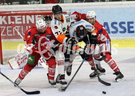 EBEL. Eishockey Bundesliga. KAC gegen Moser Medical Graz99ers. Thomas Koch, Strong Steven (KAC), 	Zusevics Zintis Nauris, Moderer Kevin (Graz). Klagenfurt, am 19.10.2018.
Foto: Kuess

---
pressefotos, pressefotografie, kuess, qs, qspictures, sport, bild, bilder, bilddatenbank