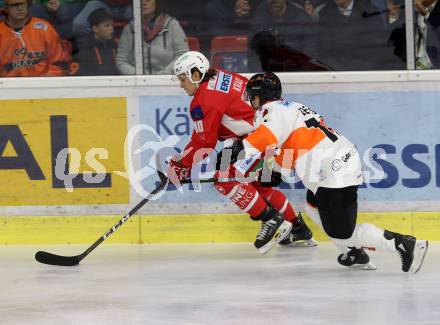 EBEL. Eishockey Bundesliga. KAC gegen Moser Medical Graz99ers.  Kraus Nikolaus (KAC), Oleksuk Travis (Graz). Klagenfurt, am 19.10.2018.
Foto: Kuess

---
pressefotos, pressefotografie, kuess, qs, qspictures, sport, bild, bilder, bilddatenbank