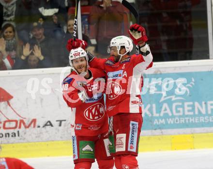 EBEL. Eishockey Bundesliga. KAC gegen Moser Medical Graz99ers. Geier Stefan, Fischer David Joseph, (KAC). Klagenfurt, am 19.10.2018.
Foto: Kuess

---
pressefotos, pressefotografie, kuess, qs, qspictures, sport, bild, bilder, bilddatenbank