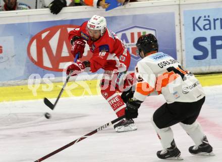 EBEL. Eishockey Bundesliga. KAC gegen Moser Medical Graz99ers. Koch Thomas (KAC), Ograjensek Ken (Graz). Klagenfurt, am 19.10.2018.
Foto: Kuess

---
pressefotos, pressefotografie, kuess, qs, qspictures, sport, bild, bilder, bilddatenbank