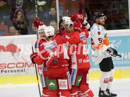 EBEL. Eishockey Bundesliga. KAC gegen Moser Medical Graz99ers. Geier Stefan, 	Fischer David Joseph, Geier Manuel, Comrie Adam (KAC). Klagenfurt, am 19.10.2018.
Foto: Kuess

---
pressefotos, pressefotografie, kuess, qs, qspictures, sport, bild, bilder, bilddatenbank