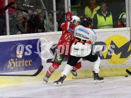 EBEL. Eishockey Bundesliga. KAC gegen Moser Medical Graz99ers. Kraus Nikolaus (KAC), Kirchschlaeger Erik (Graz). Klagenfurt, am 19.10.2018.
Foto: Kuess

---
pressefotos, pressefotografie, kuess, qs, qspictures, sport, bild, bilder, bilddatenbank