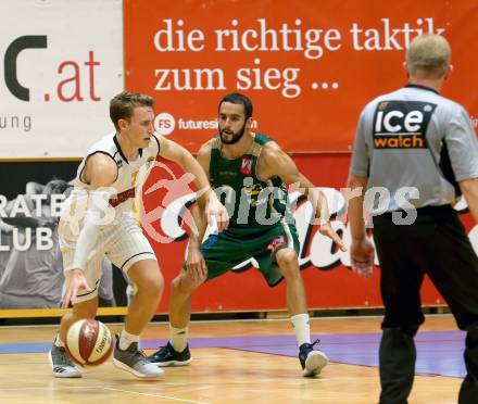 Basketball 2. Bundesliga. Grunddurchgang. 2. Runde. Woerthersee Piraten gegen Dornbirn Lions. Lukas Simoner,  (Piraten), Ander Arruti Portilla (Lions). Klagenfurt, am 20.10.2018.
Foto: Kuess
---
pressefotos, pressefotografie, kuess, qs, qspictures, sport, bild, bilder, bilddatenbank