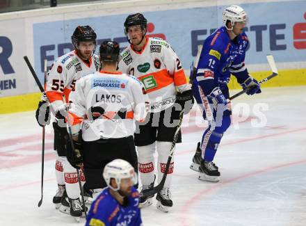 EBEL. Eishockey Bundesliga. EC VSV gegen Moser Medical Graz99ers. Torjubel Curtis Hamilton, Andre Lakos, Ty Loney (Graz). Villach, am 21.10.2018.
Foto: Kuess 


---
pressefotos, pressefotografie, kuess, qs, qspictures, sport, bild, bilder, bilddatenbank