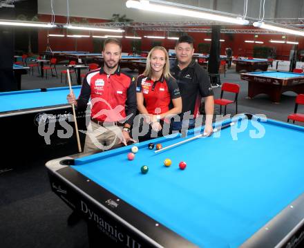 Dynamic Billard Klagenfurt Open 2018. Pressekonferenz. Albin Ouschan, Jasmin Ouschan,  Mario He. Klagenfurt, am 9.10.2018.
Foto: Kuess
---
pressefotos, pressefotografie, kuess, qs, qspictures, sport, bild, bilder, bilddatenbank