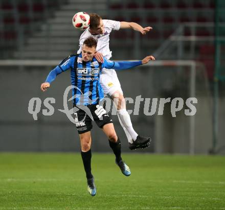Fussball 2. Liga. SK Austria Klagenfurt gegen SKU Amstetten. Scott Fitzgerald Kennedy, (Austria Klagenfurt),  Daniel Scharner  (Amstetten). Klagenfurt, am 19.10.2018.
Foto: Kuess
---
pressefotos, pressefotografie, kuess, qs, qspictures, sport, bild, bilder, bilddatenbank