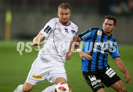 Fussball 2. Liga. SK Austria Klagenfurt gegen SKU Amstetten. Markus Rusek,  (Austria Klagenfurt),  Sascha Fahrngruber (Amstetten). Klagenfurt, am 19.10.2018.
Foto: Kuess
---
pressefotos, pressefotografie, kuess, qs, qspictures, sport, bild, bilder, bilddatenbank