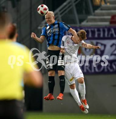 Fussball 2. Liga. SK Austria Klagenfurt gegen SKU Amstetten. Scott Fitzgerald Kennedy, (Austria Klagenfurt), David Peham   (Amstetten). Klagenfurt, am 19.10.2018.
Foto: Kuess
---
pressefotos, pressefotografie, kuess, qs, qspictures, sport, bild, bilder, bilddatenbank