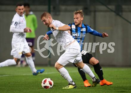 Fussball 2. Liga. SK Austria Klagenfurt gegen SKU Amstetten. Markus Rusek,  (Austria Klagenfurt),  Patrick Schagerl (Amstetten). Klagenfurt, am 19.10.2018.
Foto: Kuess
---
pressefotos, pressefotografie, kuess, qs, qspictures, sport, bild, bilder, bilddatenbank
