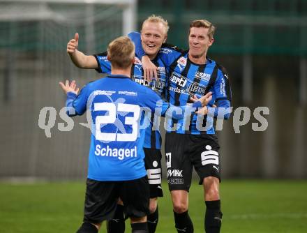 Fussball 2. Liga. SK Austria Klagenfurt gegen SKU Amstetten. Torjubel David Peham, Thomas Hinum, Patrick Schagerl (Amstetten). Klagenfurt, am 19.10.2018.
Foto: Kuess
---
pressefotos, pressefotografie, kuess, qs, qspictures, sport, bild, bilder, bilddatenbank