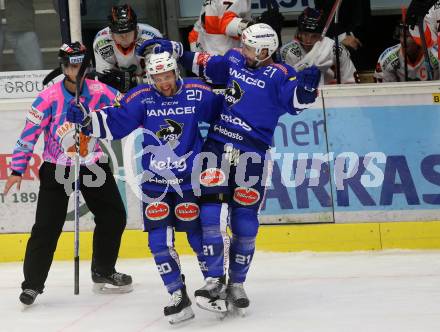 EBEL. Eishockey Bundesliga. EC VSV gegen Moser Medical Graz99ers. Torjubel Nico Brunner, Matthew Pelech (VSV). Villach, am 21.10.2018.
Foto: Kuess 


---
pressefotos, pressefotografie, kuess, qs, qspictures, sport, bild, bilder, bilddatenbank