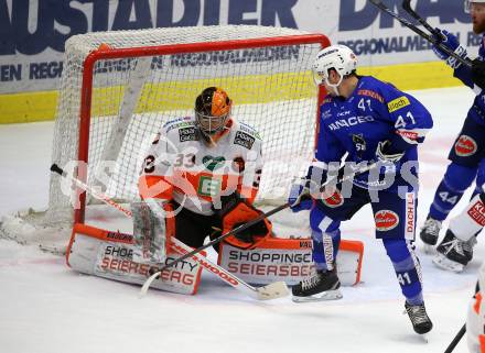 EBEL. Eishockey Bundesliga. EC VSV gegen Moser Medical Graz99ers. Alexander Lachoda, (VSV), Thomas Hoeneckl  (Graz). Villach, am 21.10.2018.
Foto: Kuess 


---
pressefotos, pressefotografie, kuess, qs, qspictures, sport, bild, bilder, bilddatenbank