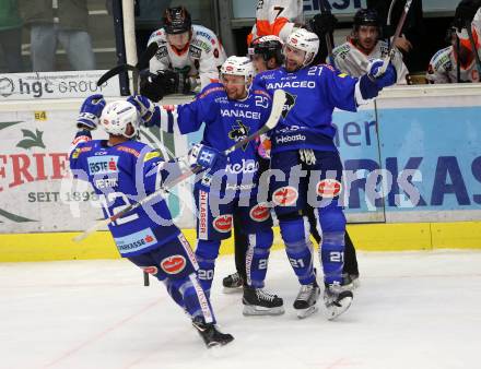 EBEL. Eishockey Bundesliga. EC VSV gegen Moser Medical Graz99ers. Torjubel Nico Brunner, Matthew Pelech, Nikolas Petrik (VSV). Villach, am 21.10.2018.
Foto: Kuess 


---
pressefotos, pressefotografie, kuess, qs, qspictures, sport, bild, bilder, bilddatenbank