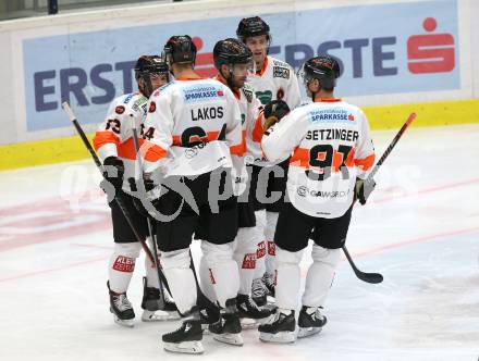 EBEL. Eishockey Bundesliga. EC VSV gegen Moser Medical Graz99ers. Torjubel Curtis Hamilton, Andre Lakos, Ty Loney, Oliver Setzinger (Graz). Villach, am 21.10.2018.
Foto: Kuess 


---
pressefotos, pressefotografie, kuess, qs, qspictures, sport, bild, bilder, bilddatenbank