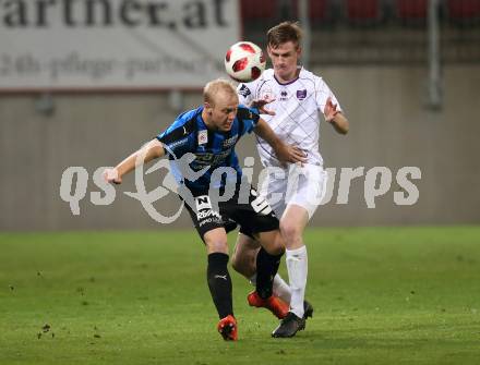 Fussball 2. Liga. SK Austria Klagenfurt gegen SKU Amstetten. Scott Fitzgerald Kennedy,  (Austria Klagenfurt), David Peham  (Amstetten). Klagenfurt, am 19.10.2018.
Foto: Kuess
---
pressefotos, pressefotografie, kuess, qs, qspictures, sport, bild, bilder, bilddatenbank