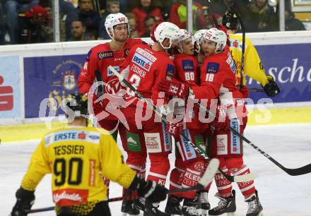 EBEL. Eishockey Bundesliga. KAC gegen spusu Vienna Capitals. Torjubel Patrick Harand, Marcel Witting, Adam Comrie, Nikolaus Kraus, David Joseph Fischer (KAC). Klagenfurt, am 26.10.2018.
Foto: Kuess

---
pressefotos, pressefotografie, kuess, qs, qspictures, sport, bild, bilder, bilddatenbank