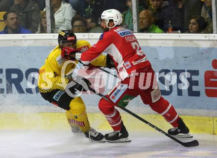 EBEL. Eishockey Bundesliga. KAC gegen spusu Vienna Capitals. David Joseph Fischer,  (KAC), Ali Wukowits (Vienna Capitals). Klagenfurt, am 26.10.2018.
Foto: Kuess

---
pressefotos, pressefotografie, kuess, qs, qspictures, sport, bild, bilder, bilddatenbank
