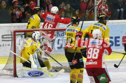 EBEL. Eishockey Bundesliga. KAC gegen spusu Vienna Capitals. Torjubel Johannes Bischofberger (KAC). Klagenfurt, am 26.10.2018.
Foto: Kuess

---
pressefotos, pressefotografie, kuess, qs, qspictures, sport, bild, bilder, bilddatenbank