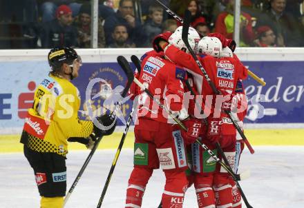 EBEL. Eishockey Bundesliga. KAC gegen spusu Vienna Capitals. Torjubel Patrick Harand, Marcel Witting, Adam Comrie, Nikolaus Kraus, David Joseph Fischer (KAC). Klagenfurt, am 26.10.2018.
Foto: Kuess

---
pressefotos, pressefotografie, kuess, qs, qspictures, sport, bild, bilder, bilddatenbank