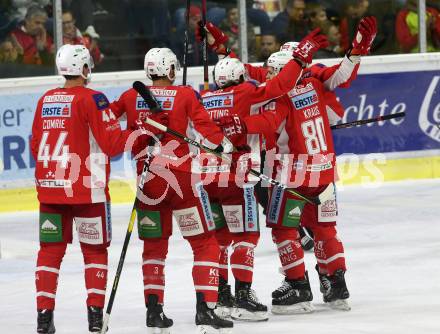 EBEL. Eishockey Bundesliga. KAC gegen spusu Vienna Capitals. Torjubel Patrick Harand, Marcel Witting, Adam Comrie, Nikolaus Kraus, David Joseph Fischer (KAC). Klagenfurt, am 26.10.2018.
Foto: Kuess

---
pressefotos, pressefotografie, kuess, qs, qspictures, sport, bild, bilder, bilddatenbank