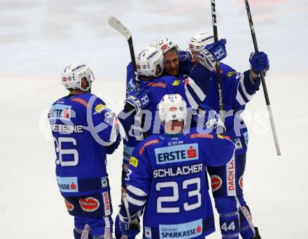 EBEL. Eishockey Bundesliga. EC VSV gegen EHC Liwest Black Wings Linz. Torjubel 	Brunner Nico, Fraser Jamie, Sharp MacGregor, Markus Schlacher, 	Pollastrone Jerry (VSV). Villach, am 28.10.2018.
Foto: Kuess 


---
pressefotos, pressefotografie, kuess, qs, qspictures, sport, bild, bilder, bilddatenbank