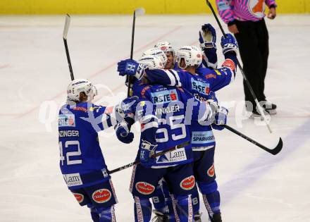 EBEL. Eishockey Bundesliga. EC VSV gegen EHC Liwest Black Wings Linz. Torjubel 	Fraser Jamie, Winkler Thomas, Maxa Felix, Kromp Christof, Lanzinger Benjamin (VSV). Villach, am 28.10.2018.
Foto: Kuess 


---
pressefotos, pressefotografie, kuess, qs, qspictures, sport, bild, bilder, bilddatenbank