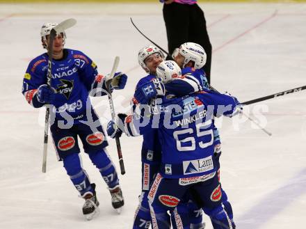EBEL. Eishockey Bundesliga. EC VSV gegen EHC Liwest Black Wings Linz. Torjubel 	Fraser Jamie, Winkler Thomas, Maxa Felix, Kromp Christof,  (VSV). Villach, am 28.10.2018.
Foto: Kuess 


---
pressefotos, pressefotografie, kuess, qs, qspictures, sport, bild, bilder, bilddatenbank