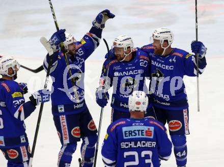 EBEL. Eishockey Bundesliga. EC VSV gegen EHC Liwest Black Wings Linz. Torjubel 	Brunner Nico, Fraser Jamie, Sharp MacGregor, Markus Schlacher, 	Pollastrone Jerry (VSV). Villach, am 28.10.2018.
Foto: Kuess 


---
pressefotos, pressefotografie, kuess, qs, qspictures, sport, bild, bilder, bilddatenbank
