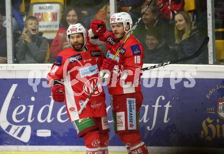EBEL. Eishockey Bundesliga. KAC gegen HC Orli Znojmo. Torjubel Thomas Koch, Stefan Geier (KAC). Klagenfurt, am 28.10.2018.
Foto: Kuess

---
pressefotos, pressefotografie, kuess, qs, qspictures, sport, bild, bilder, bilddatenbank