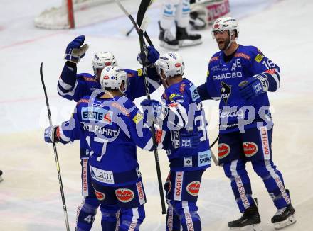 EBEL. Eishockey Bundesliga. EC VSV gegen EHC Liwest Black Wings Linz. Torjubel 	Wohlfahrt Philipp, Wolf Bernd, Lanzinger Benjamin, Lanzinger Benjamin (VSV). Villach, am 28.10.2018.
Foto: Kuess 


---
pressefotos, pressefotografie, kuess, qs, qspictures, sport, bild, bilder, bilddatenbank