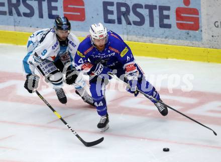 EBEL. Eishockey Bundesliga. EC VSV gegen EHC Liwest Black Wings Linz. Fraser Jamie (VSV), Rick Schofield (Linz). Villach, am 28.10.2018.
Foto: Kuess 


---
pressefotos, pressefotografie, kuess, qs, qspictures, sport, bild, bilder, bilddatenbank