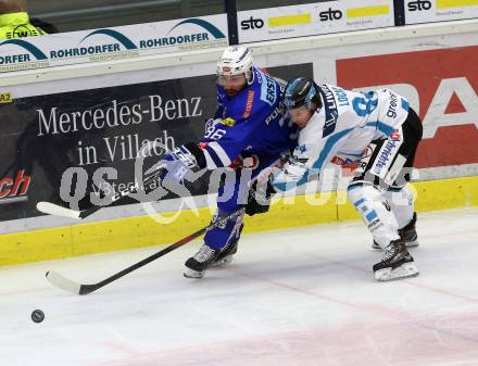 EBEL. Eishockey Bundesliga. EC VSV gegen EHC Liwest Black Wings Linz. Pollastrone Jerry (VSV), Locke Corey (Linz). Villach, am 28.10.2018.
Foto: Kuess 


---
pressefotos, pressefotografie, kuess, qs, qspictures, sport, bild, bilder, bilddatenbank